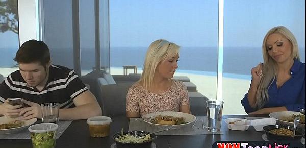  Mom eats out teen girlfriends pussy during family lunch